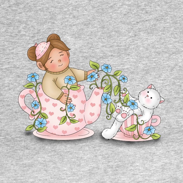 Girl And Cat Inside Tea Cup by Athikan